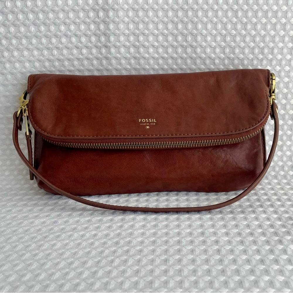 FOSSIL Issue No. 1954 Brown Pebbled Leather Foldover Satchel Shoulder Bag #750